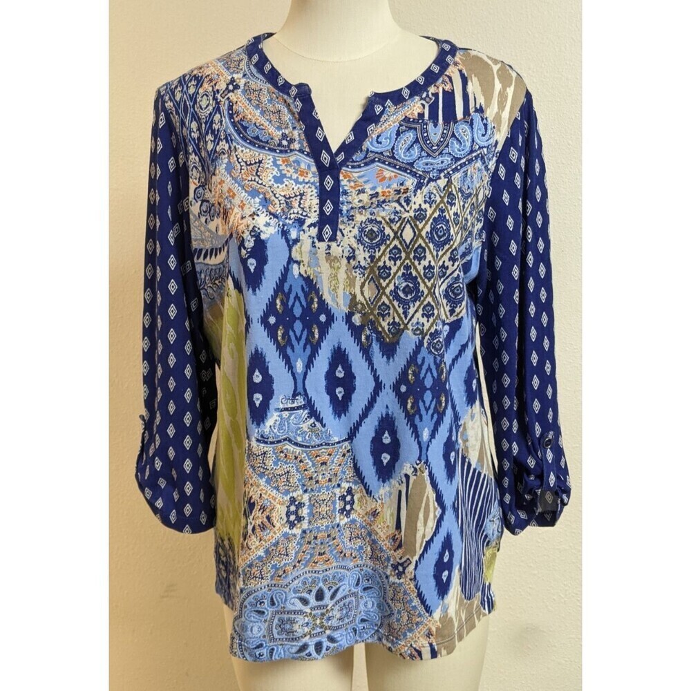 Women's CHICO'S Ikat Print Roll Tab 3/4 Slv Multicolored Cotton/Modal T-Shirt SM